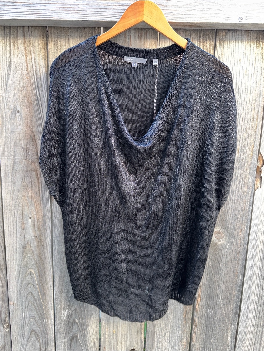 Vince Women's Drape Neck Sweater Black Metallic Dolman Short Sleeves Medium